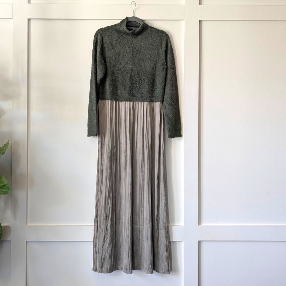 Anthropologie The Thea Twofer Sweater Fuzzy Knit Pleated Maxi Dress Green Large
